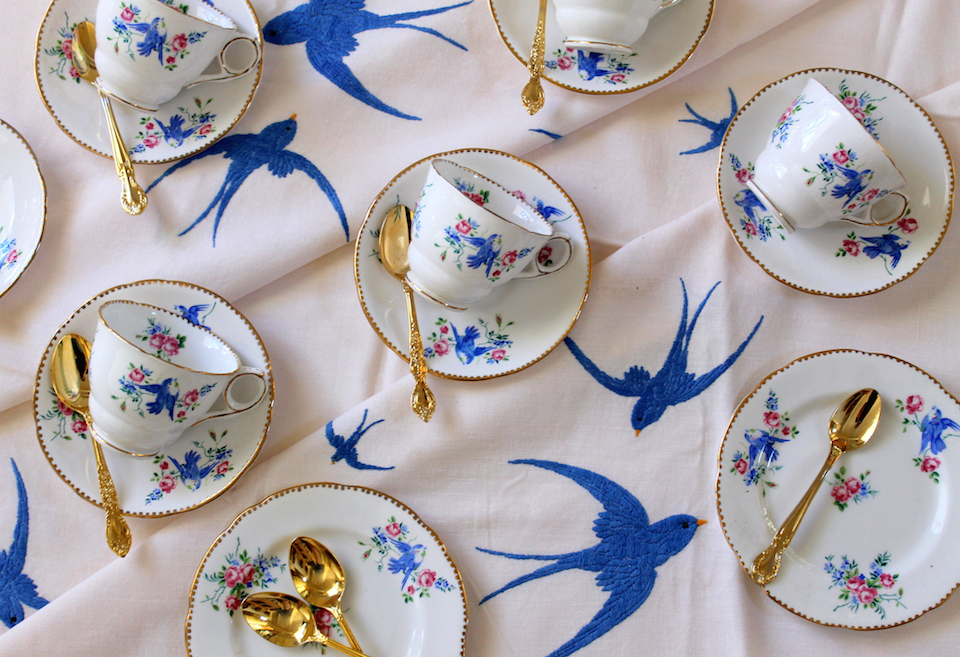 Vintage Blue Bird Tea Cups and Saucers on embroidered bluebird tablecloth with gold teaspoons - high tea party
